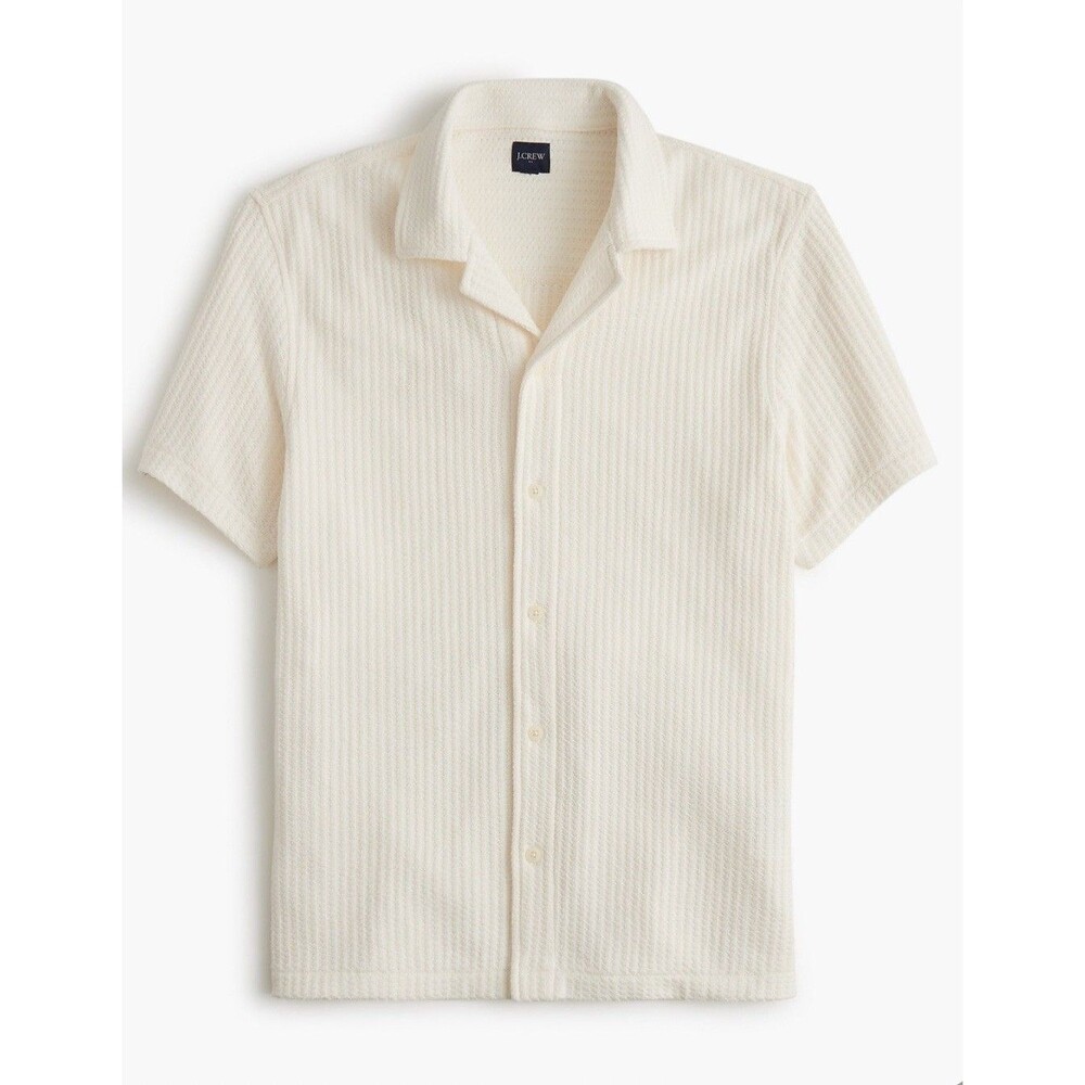 J.Crew Textured Camp Shirt Men's XL Ivory White Short Sleeve Waffle Weave New